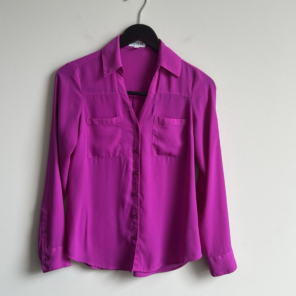 Express Portofino Button-Up Shirt Pink Solid Collared Long Sleeve XS Pockets